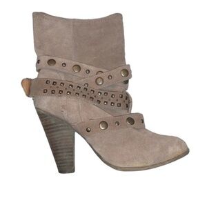 Franco Fortini High Heeled Boots Ladies Size 6 Tan Suede with Straps and Buckles